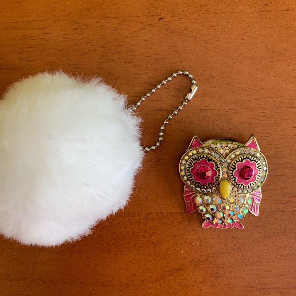 Betsey Johnson crystal owl pin w/white purse puff